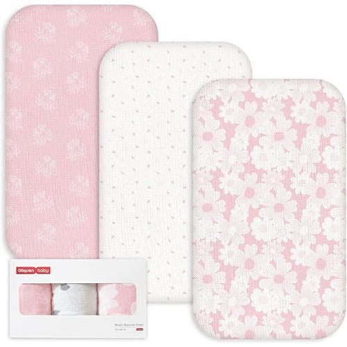 Gllquen Baby 3-Pack Muslin Cotton Bassinet Sheets, 33"x20" Fitted Crib Sheets for Bedside Sleeper & Travel Crib, Oeko-TEX Certified Soft Breathable Sheets, Easy On/Off (Rosebud)