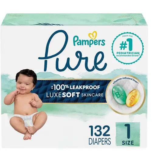 Pampers Pure Protection Baby Diapers, Size 1 (8-14 lbs), 132 Count, Up to 100% Leakproof, Premium Plant-based Skin Protection, Hypoallergenic Soft Diapers