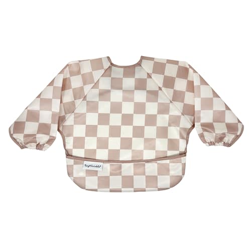 Tiny Twinkle Mess Proof Baby Bib, Cute Full Sleeve Bib Outfit, Waterproof Bibs for Toddlers, Machine Washable, Tug Proof, Baby Smock for Eating, Long Sleeved (Checkers Brown, Small 6-24 Months)