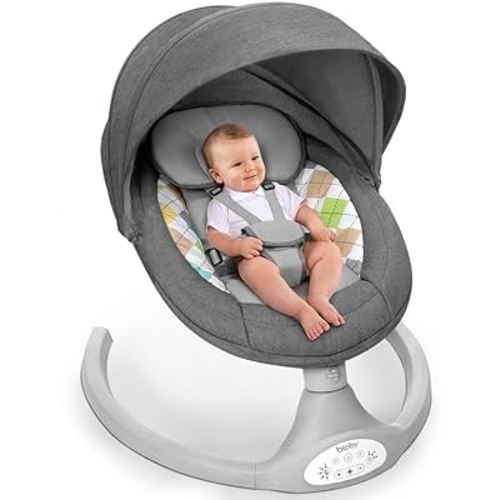 Bioby Baby Swing for Infants to Toddler, Electric Portable Baby Bouncer for 0-6 Months Newborn, Baby Rocker with 5 Swing Speeds and Remote Control, Touch Screen, Bluetooth Music, for Baby 5-20Lb,Grey