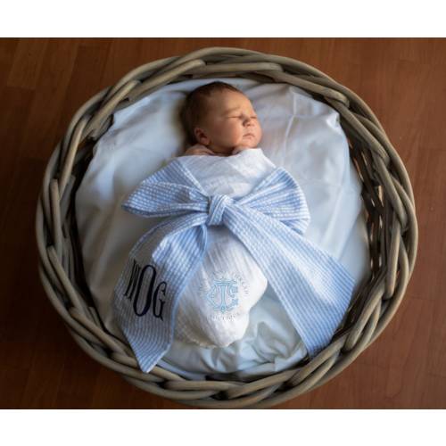 Monogrammed Newborn Baby Seersucker Bow Sash Maternity Photography Prop, Monogrammed Newborn Wrap, Baby Photo Prop, Big Bow