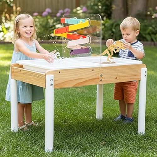 Woodtoe Sand and Water Table for Toddlers, Wooden Sensory Play Activity Table with Dinosaur Puzzle, 2 Collapsible Bins, Acrylic Board & Water Track Toys, Montessori Kids Tables Learning Toy for Age 3+