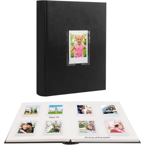 128 Pockets Photo Album with Writing Space, Front Window, Photo Albums 3 Inch Compatible with Fujifilm Instax Mini 12 11 9 99 8 40 EVO, for Polaroid 300, HP Sprocket, K-pop Photocards (Black)