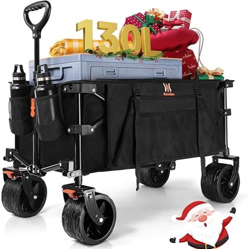 Navatiee Collapsible Folding Wagon, Beach Wagon Cart Heavy Duty Foldable with Big Wheels, Utility Grocery Wagon with Side Pocket and Brakes for Camping Garden Sports, T1