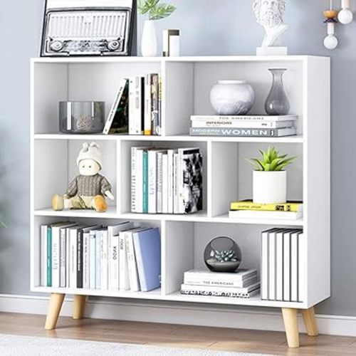 IOTXY Wooden Open Shelf Bookcase - 3-Tier Floorstanding Display Cabinet Rack with Legs, 7 Cubes Free Standing Bookshelf, Warm White
