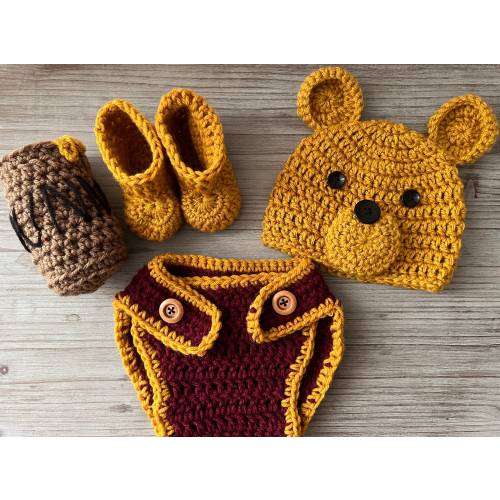 Pooh Newborn Photoshoot Outfit Handmade Crochet Hat Diaper Cover Booties Hunny Pot Prop