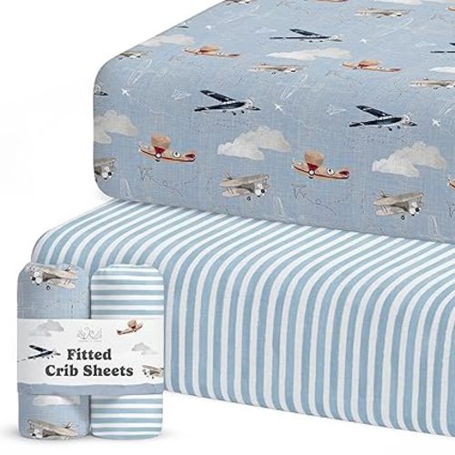 Crib Sheets Neutral - Fitted Baby Crib Sheets Bed for Girl Boy - 2 Pack Standard & Toddler Mattress - Buttery Soft Organic Cotton Blend (Airplanes in The Clouds)