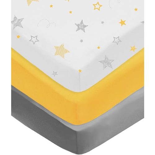 American Baby Company 3 Pack Fitted Crib Sheets 28" x 52", Soft Breathable Neutral 100% Cotton Jersey Sheet, Yellow Star/Yellow/Gray, for Boys and Girls, Fits Crib and Toddler Bed mattresses
