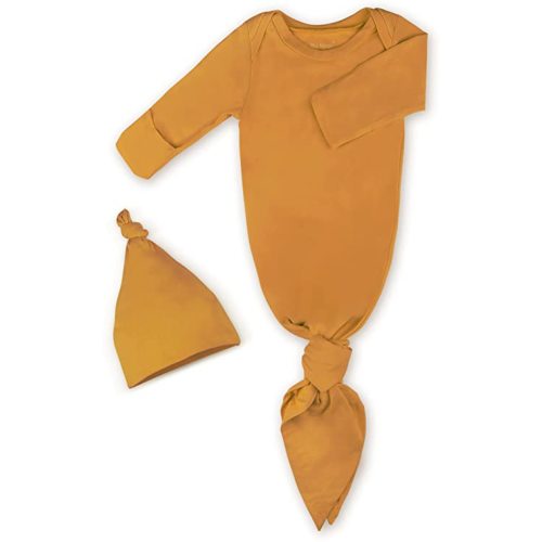 Baby Knotted Gown, Super Soft Newborn Infant Long Sleeve Sleeper for Baby Girl and Boy Sleepwear with Hat Set - Yellow Brown - 0-3 Months
