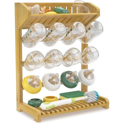 EsLuker.ly Baby Bottle Drying Rack Bamboo Vertical Dryer Holder, Space Saving for 12 Milk Glass Bottle Countertop, Wooden Drain Stand Shelf for New Parents