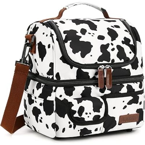 LOKASS Lunch Box for Women-Double Deck Insulated Adults Lunch Bag with Removable Shoulder Strap-Cow Print Cute Wide Open Lunch Tote for Work/Office/Picnic/Beach/Travel