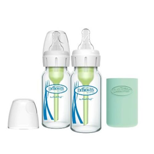 Dr. Brown's 4oz Anti-colic Options+ Narrow Glass Baby Bottle With Level 1 Slow Flow Nipple & Silicone Sleeve - 2pk