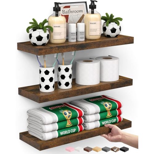 BAYKA Bathroom Floating Shelves for Wall Set of 3 - Rustic Brown Farmhouse Wood Shelves Over Toilet for Bedroom, Kitchen, or Living Room Decor Display, Storage for Plants, Toilet Paper or Bath Towels
