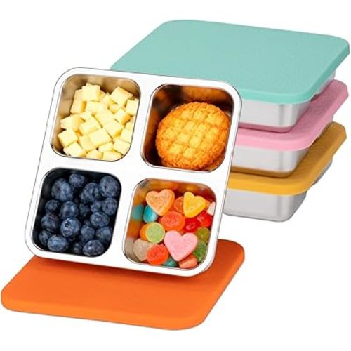 4 Pack Stainless Steel Snack Containers with Lids, 4 Compartment Snack Container Small Lunch Box, Lunch Divided Food Storage Portion Control Meal Prep Reusable Snackle Lunchable for Work