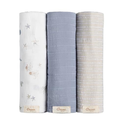 Crane Baby 100% Cotton Muslin Swaddle Blankets, Sea Life Jellyfish, Baby Swaddle Blanket, Set of 3, 47" x 47", Swaddles for Newborns, Baby Muslin Swaddle Blanket, Swaddle Blankets for Boys & Girls