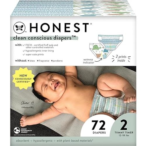 The Honest Company Clean Conscious Diapers for Sensitive Skin | Hypoallergenic, Fragrance Free | Gender Neutral Prints | Club Box, Size 2 (12-18 lbs), 72 Count (Prints May Temporarily Vary)