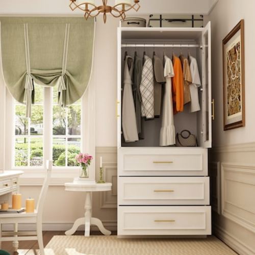 FUFU&GAGA Contemporary 2-Door Wardrobe with 3 Drawers, White Finish, Durable Wood Construction, Easy Assembly LJY-KF020366-01 at Lowes.com