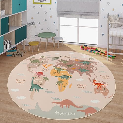 Paco Home Kids Rug Dinosaurs Play Mat with Educational World Map in Beige, Size: 5'3" Round