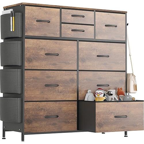 Lulive Dresser for Bedroom with 10 Drawers, Chest of Drawers with Side Pockets and Hooks, Fabric Storage Organizer Unit for Living Room, Hallway, Closet (Rustic Brown)