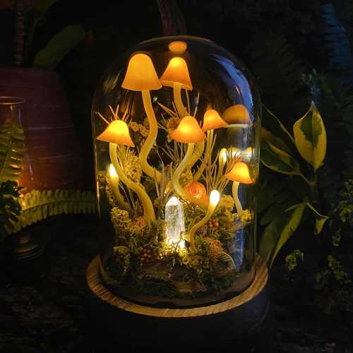 Enchanted Mushroom Forest Night Light with Glowing Crystal, Orange Mushroom Lamp, Fantasy Fairy Tale Decor for Bedroom,Kids Room,Unique Gift