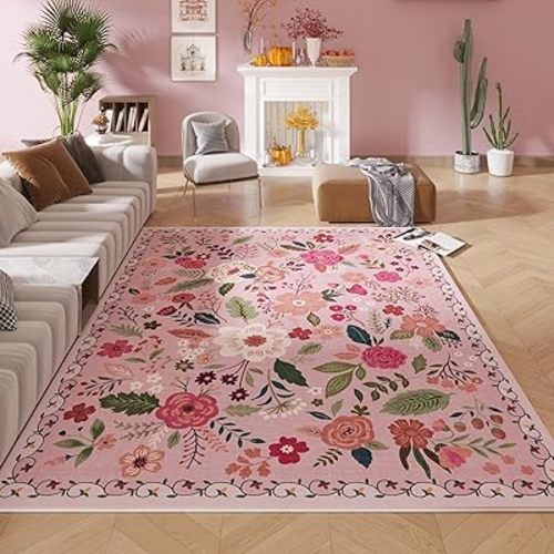 Living Room Rug 5x7 Rug Machine Washable Boho Area Rug Non Slip Floral Vintage Low Pile Large Rugs for Living Room, Bedroom, Farmhouse, Dining Room, Kids Playroom(Pink)