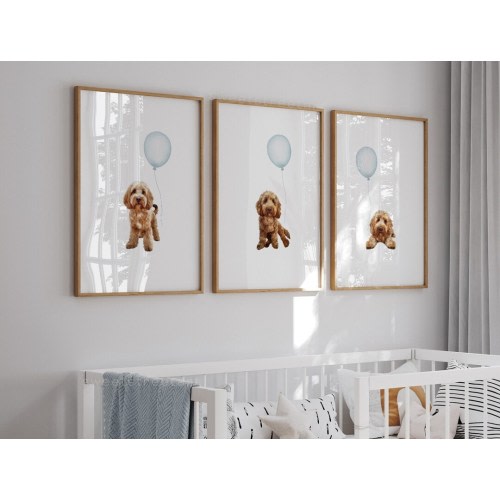 COCKAPOO Nursery Wall Art Set, Blue Balloons | Puppy Decor for Boy's Room, Set of 3 Digital Download Watercolor Prints