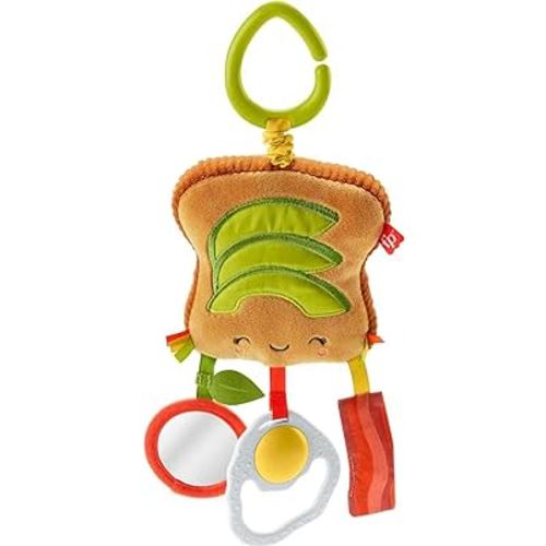 Fisher Price Pretend Food Brunch & Go Stroller Toy with 3 Breakfast-Themed Hanging Sensory Toys for Take-Along Play