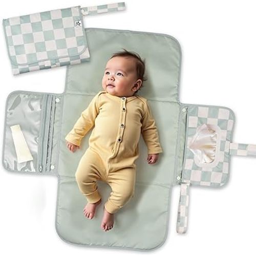 Tiny Twinkle Portable Diaper Changing Pad-Foldable Waterproof Changing Mat&Portable Changing Pad for Travel,Baby Changing Station with Smart Wipes Pocket&Storage (Sage Checkers)