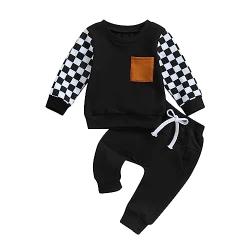 DNOMAID YZARC Baby Boy Fall Winter Clothes Checkerboard Plaid Long Sleeve Sweatshirt Tops Pants Set Toddler Checkered Outfit