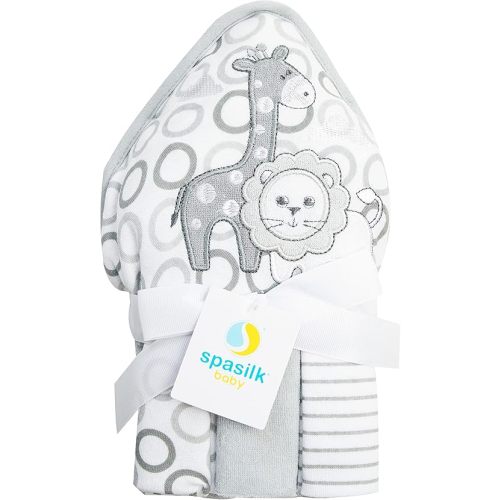 Spasilk Baby Bath Hooded Terry Towel with 3 Washcloths, Baby Bath Essentials, One Size, Gray Lion