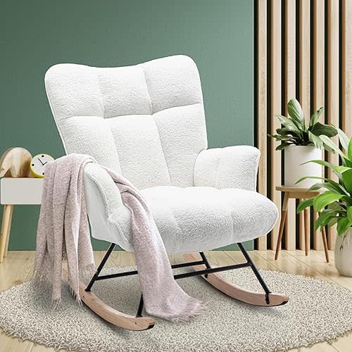 Rocking Chair Nursery Teddy, Upholstered Baby Fluffy Glider Rocker for Adults Indoor, Comfy Sherpa Compact Nursing Chairs for Small Spaces, Living Room, Classroom, Bedroom, White