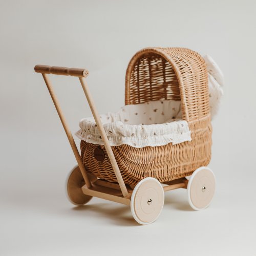 Exclusive hand-woven doll carriage, original toy for girls, natural wicker stroller with bedding in boho berries, gift idea, first b-day