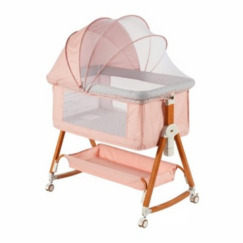 Foalom Baby Bassinet 3 in 1 Foldable Portable Crib,6 Adjustable Height,with Wheels,Pink