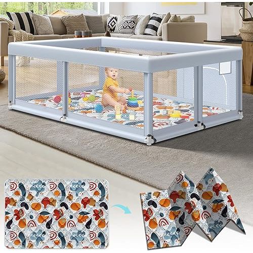 65" ×50" Large Baby Playpen with Mat, Baby Playard for Babies and Toddlers, Play Pens for Indoor & Outdoor, Sturdy Safety Play Yard with Soft Breathable Mesh, Anti-Fall, Grey