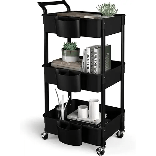 3-Tier Utility Rolling Cart,Mobile Utility Cart with Lockable Caster Wheels,Storage Shelves Organizer Cart, 3 Hanging Baskets, Easy Assembly,for Bathroom, Kitchen, Office, Workshop,Black