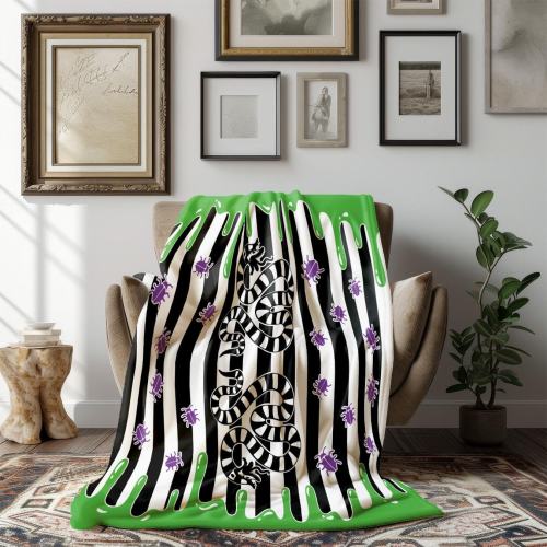 Beetlejuice Inspired Blanket, Sandworm Halloween Home Decor, Soft Throw Blanket for Horror Movie Nights, Christmas Gift for Beetle juice fan