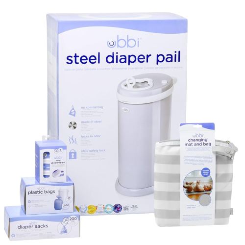 Ubbi Diaper Changing Value Gift Set, Baby Registry Gift, Includes Gray Diaper Pail, Absorbing Gels, Travel Changing Mat & Bag, Diaper Pail Waste Bags and On-the-Go Waste Sacks