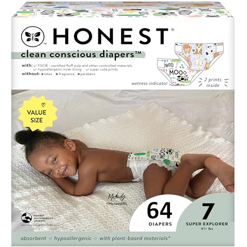 The Honest Company Clean Conscious Diapers for Sensitive Skin | Hypoallergenic, Fragrance Free | Gender Neutral Prints | Super Club Box, Size 7 (41+ lbs), 64 Count