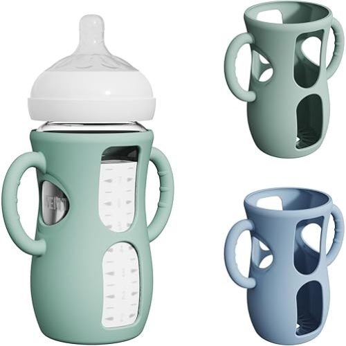 2 Pack Silicone Sleeves for Avent Natural Glass Baby Bottles, Anti Breakage Baby Bottle Protector with Easy-Grip Handle, Compatible Philips Avent Glass Natural Baby Bottle 8 oz (2pc-Green/Blue)