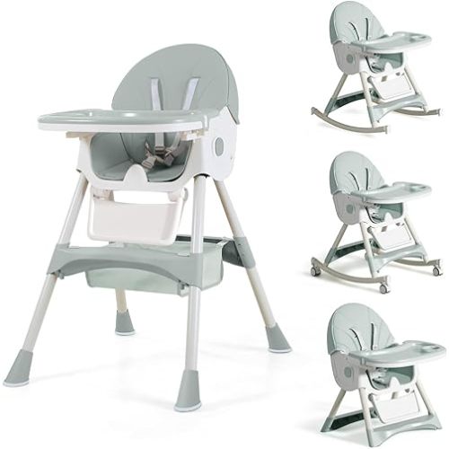 4 in 1 Foldable Baby High Chair with Removable Tray, Safety Belt, Footrest and Wheels, Convertible Toddler High Chair, Green