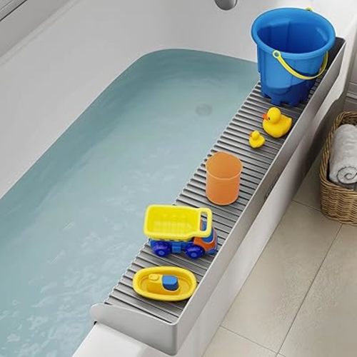 Roslim Large Bathtub Side Splash Guard - Silicone Tub Water Splash Guard,Tub Play Shelf for Bathtub Kids, Bath Toy Tray Holder, Bathroom Accessories for Children & Toddler Bath, (Grey)