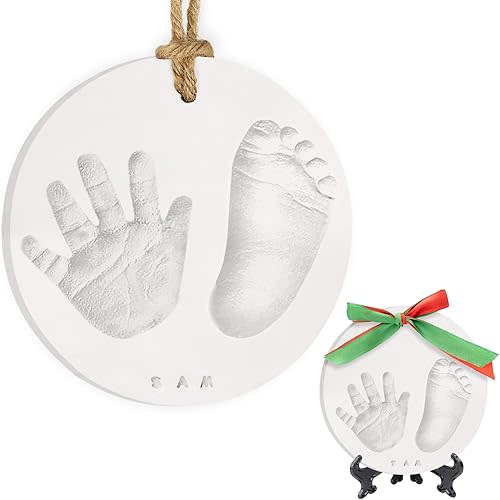 All-in-1 Baby Hand and Footprint Ornament Kit - Large 6.2" Baby Keepsake Kit - Air dry Clay, Ribbons, Stencil, Paintbrush - Newborn Baby Handprint and Foot Print Kit - Foot Printing Kit(Multi-Colored)