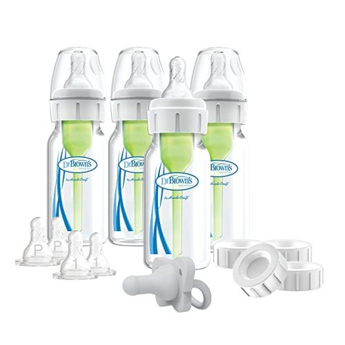 Dr. Brown’s Natural Flow Anti-Colic Options+ Narrow Breast to Bottle Pump & Store Feeding Set with Slow Flow Nipples, Baby Bottle Travel Caps and 100% Silicone HappyPaci One-Piece Pacifier, Gray - Breast to Bottle Feeding Set, Clear - Clear Gift Set-4 Oun