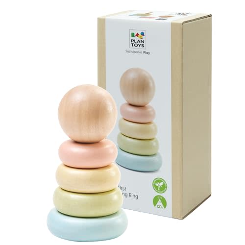 PlanToys® First Stacking Ring | Montessori Wooden Stacking Toy for Babies & Toddlers | Baby Learning Toy for Fine Motor Skills, Sensory Play & Color Sorting