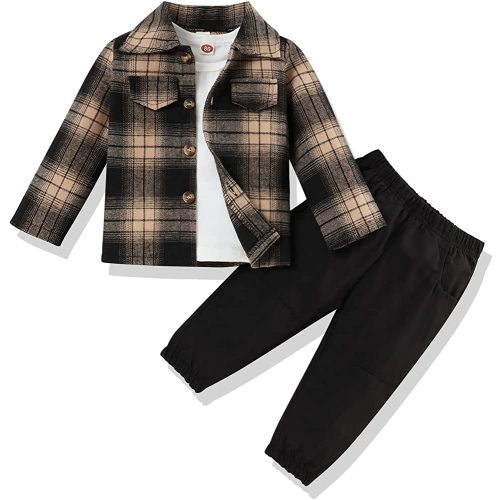 3Pcs Toddler Baby Boy Outfits Plaid Flannel Shirt+T Shirts+Pants 6M-5T