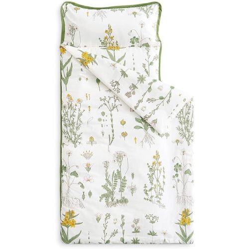 Wake In Cloud - Nap Mat with Removable Pillow for Kids Toddler Boys Girls Daycare Preschool Kindergarten Sleeping Bag, Floral Pattern Printed on White, 100% Cotton with Microfiber Fill
