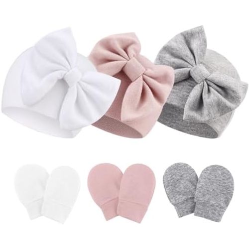 Newborn Baby Hats and Mittens Set Infant Bow Beanie Cap Toddler Gloves Newborn Hospital Hats for Baby Boy Girl 0-12 Months