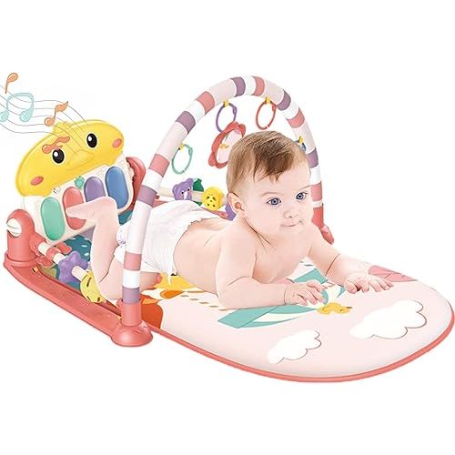 Baby Gym Play Mats for Floor Musical Activity Center Baby Piano Gym Mat Tummy Time Mat for Newborn, Gifts for Baby Newborn Toddler Infants Boys Girls 0-36 Months(with Double Guardrail) - Pink