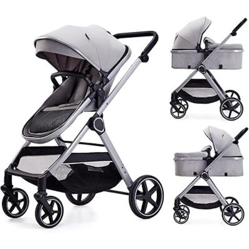 2 in 1 Baby Stroller, Newborn Infant Toddler Convertible Bassinet Pram Stroller for 0-36 Months Old Babies (Grey)