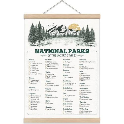 National Park Checklist Poster – 63 US Parks Wall Art with Wooden Hanging Frame (12x16), Vintage Travel Decor for Classroom, Hiker Gift, Nature and Adventure Lovers